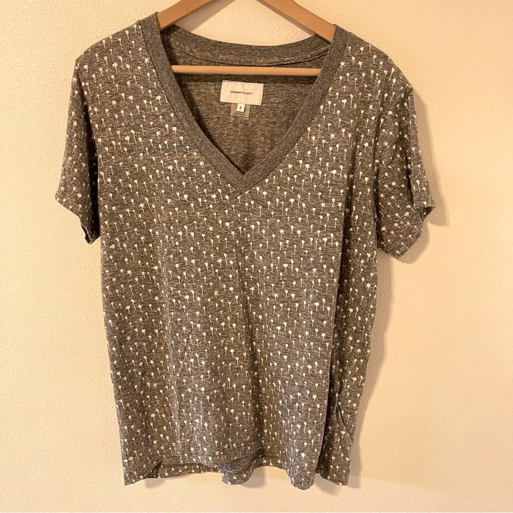 Current/Elliott The V Neck Tee Heather Gray Printed Palms Short Sleeve-2/Medium